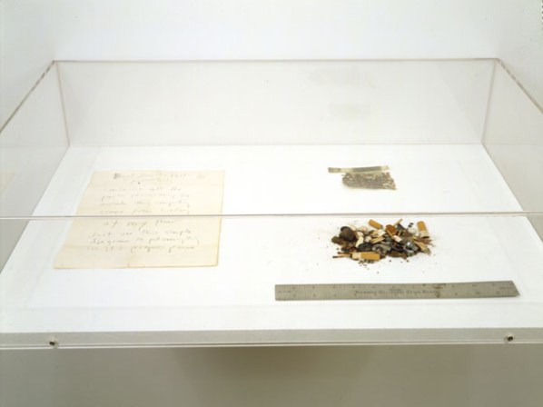 GORDON MATTA-CLARK Blast from the Past 1970-1972 cut color photograph, 12 inch steel ruler, sheet of text in pencil and floor sweepings dimensions vary with installation